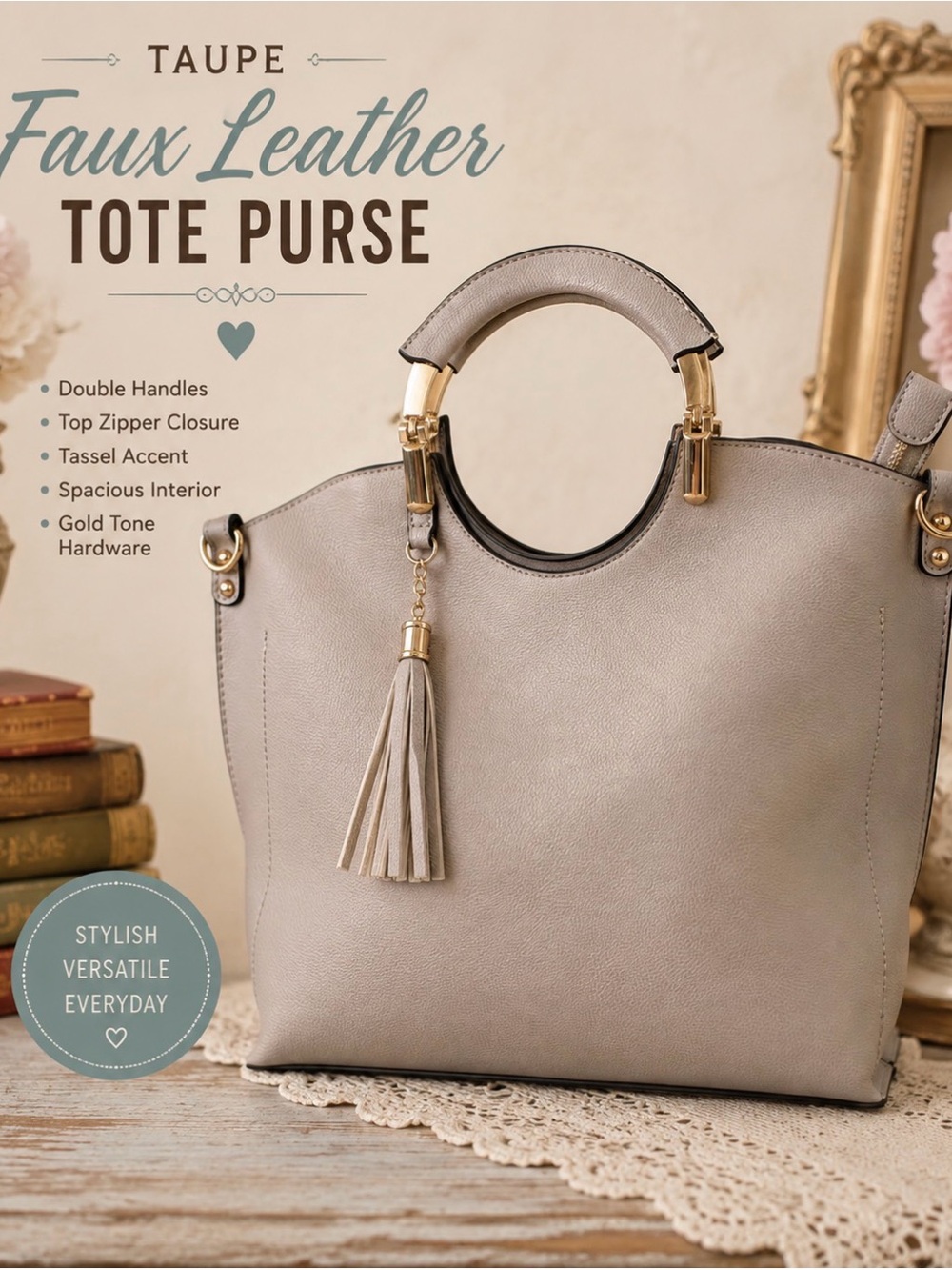 Chic Taupe Color m- Handbag with Tassel Accent & Gold tone accents